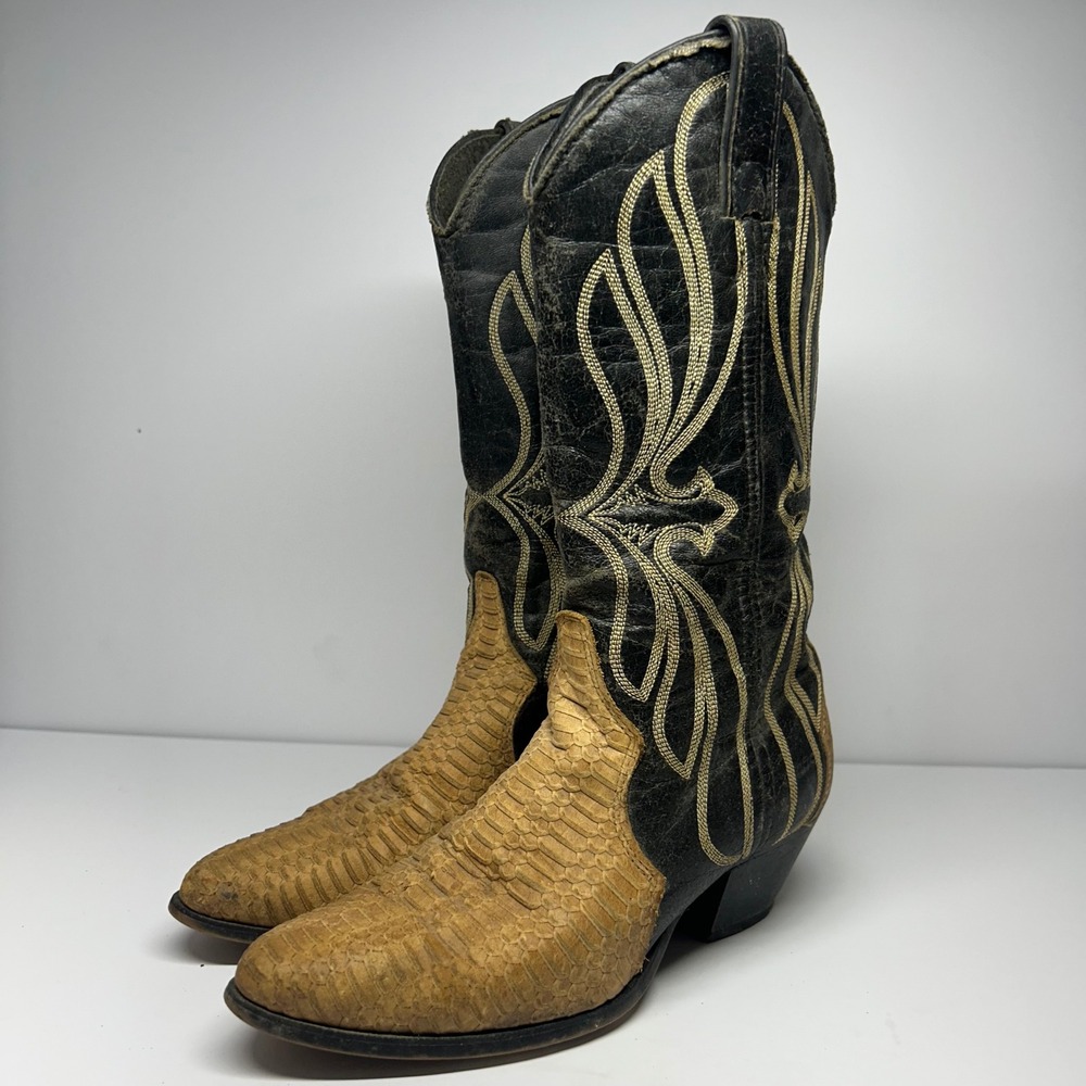 Laredo Western Cowboy Boots Black Tan Snakeskin Women Size 6 58131 Vintage